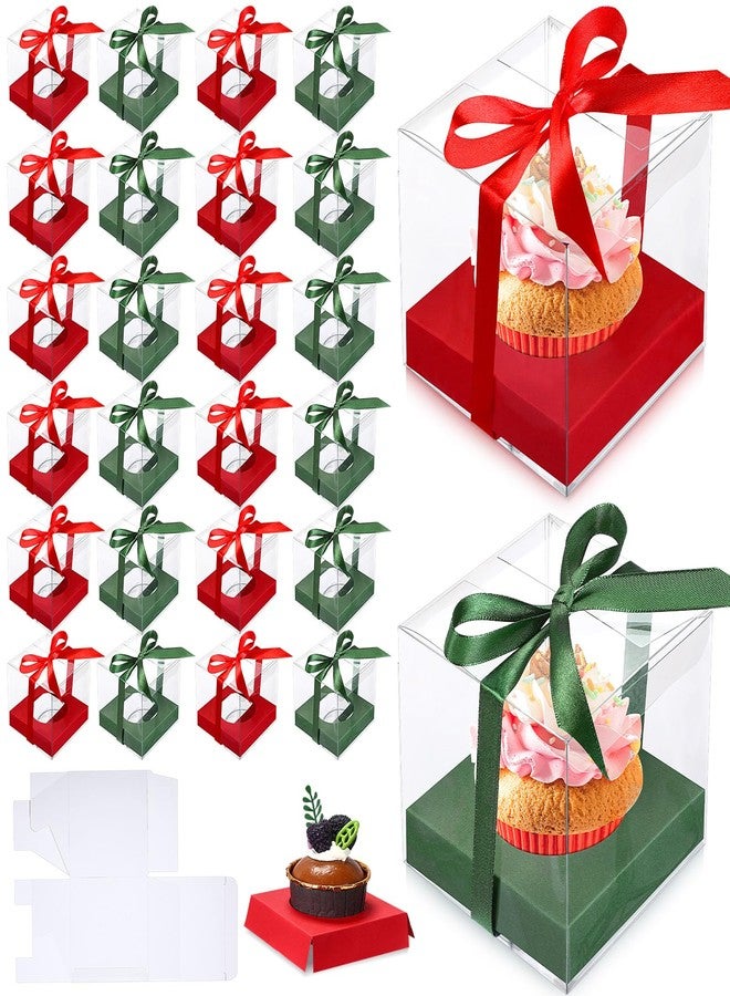 Watersay 48 Pcs Christmas Clear Cupcake Boxes Individual 3.5 Inch Red Green Plastic Cupcake Containers Single Boxes with Inserts and Ribbon Individual Cake Holders for Xmas Wedding Gift Storage - Image 1